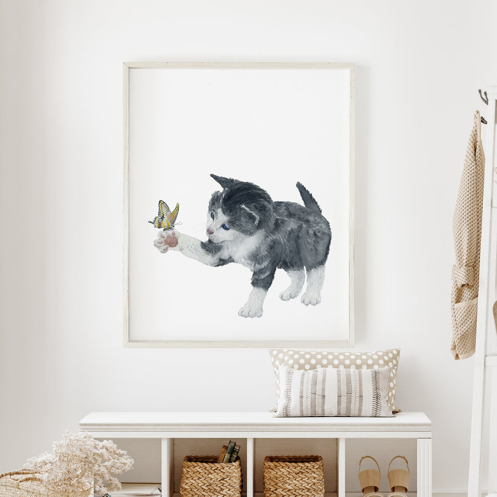 Tuxedo Cat and Butterfly Watercolor