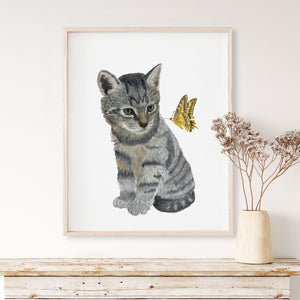 Domestic Shorthair Kitten and Yellow Butterfly Art