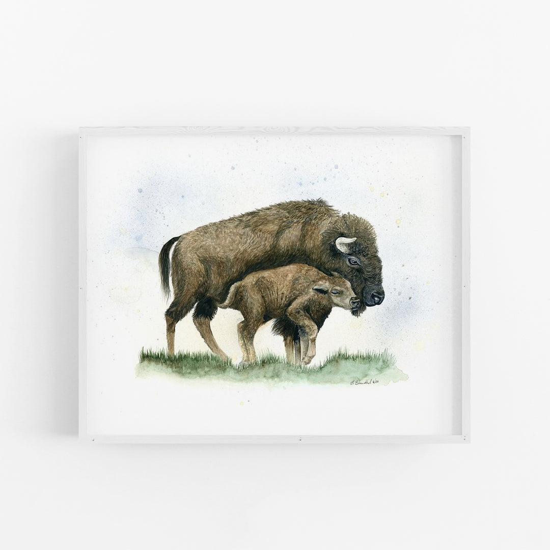 Mom and Baby Bison Watercolor Art Print - Tiny Toes Design