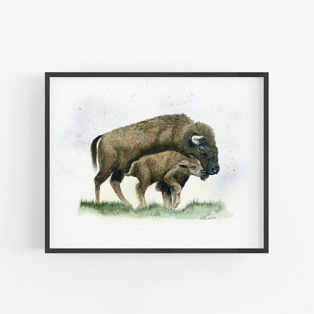 Mom and Baby Bison Watercolor Art Print - Tiny Toes Design