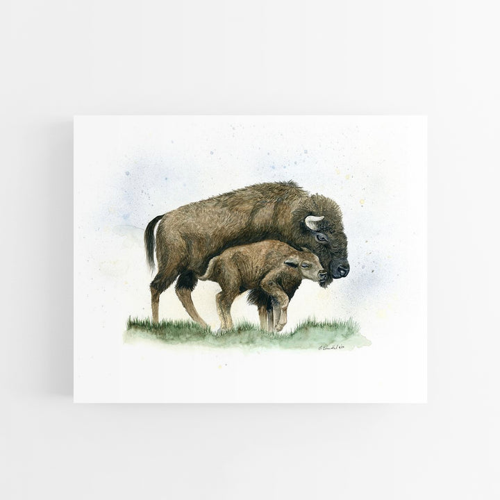 Mom and Baby Bison Watercolor Art Print - Tiny Toes Design