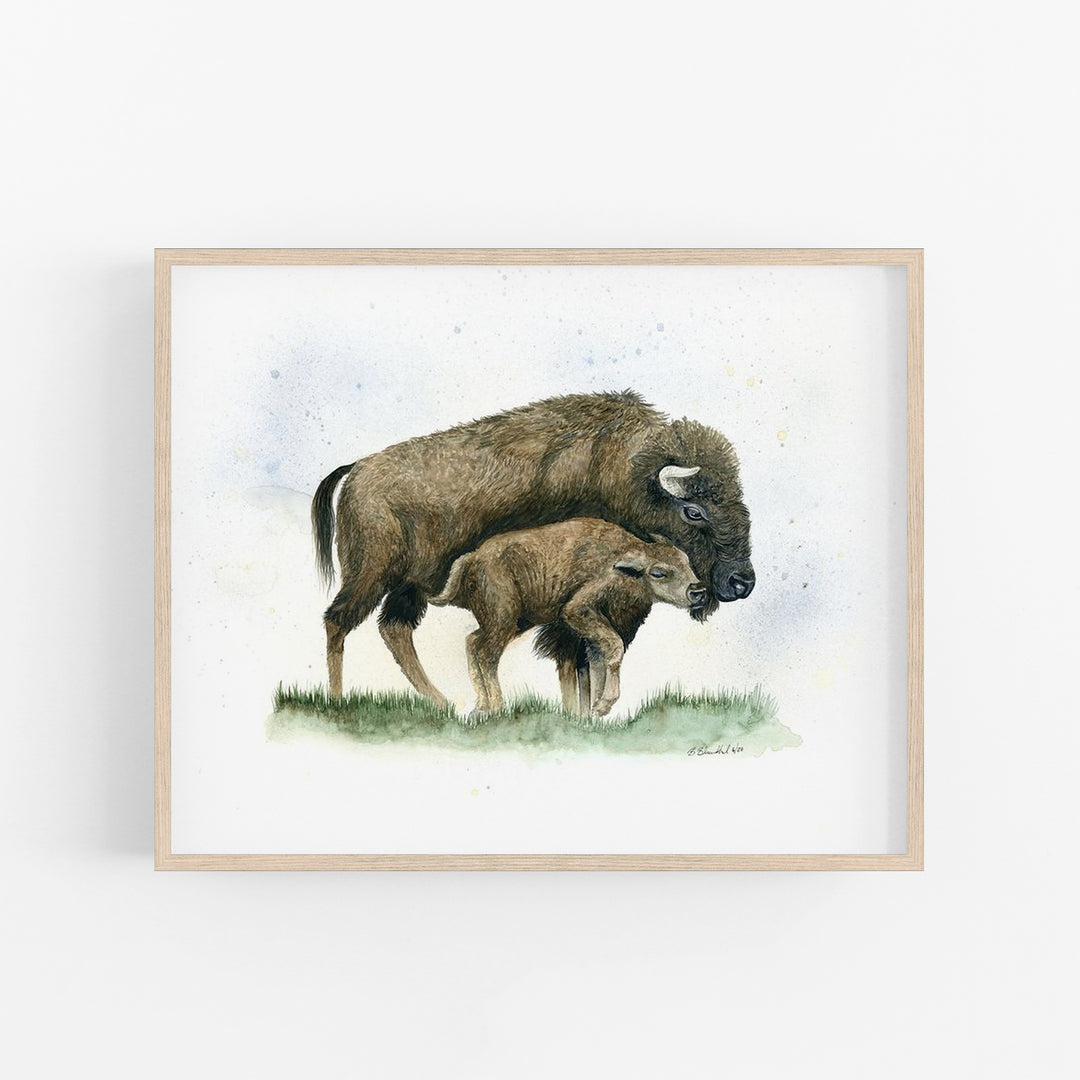 Mom and Baby Bison Watercolor Art Print - Tiny Toes Design