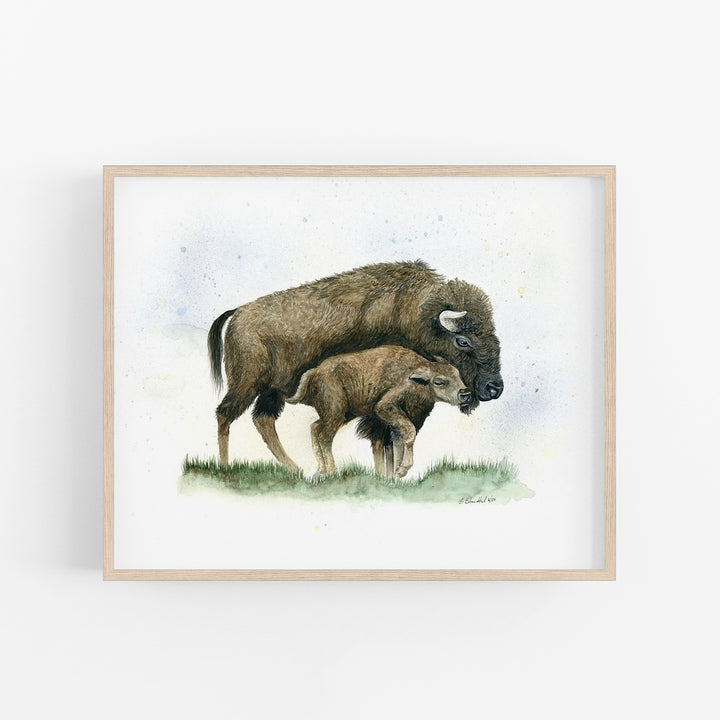 Mom and Baby Bison Watercolor Art Print - Tiny Toes Design