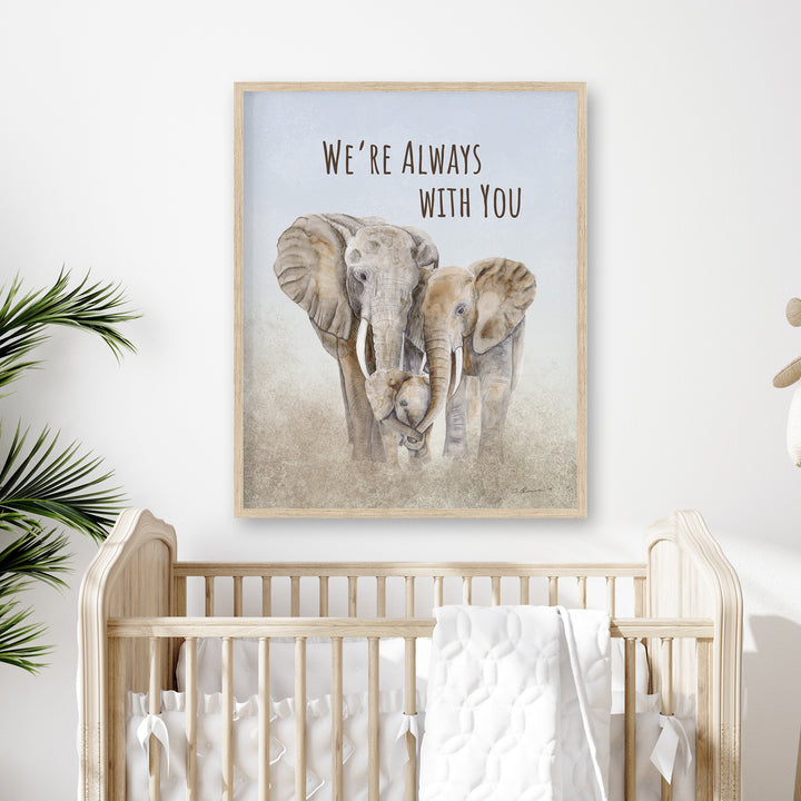 Family of Elephants Nursery Decor Framed in Light Wood