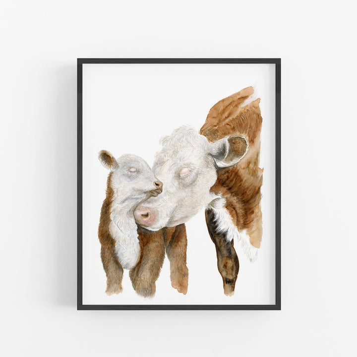 Mom and Baby Hereford Cows - Watercolor Nursery Art - Tiny Toes Design