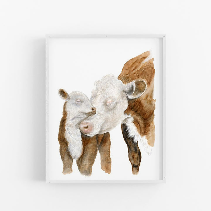 Mom and Baby Hereford Cows - Watercolor Nursery Art - Tiny Toes Design