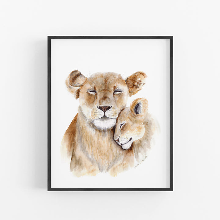 Mom and Baby Lion Watercolor Print - Tiny Toes Design