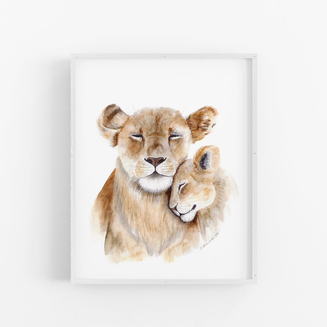 Mom and Baby Lion Watercolor Print - Tiny Toes Design