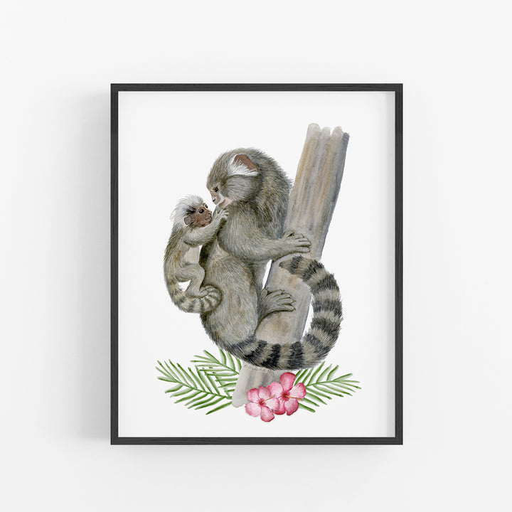 Mom and Baby Marmoset Monkey Watercolor Print - Tiny Toes Design