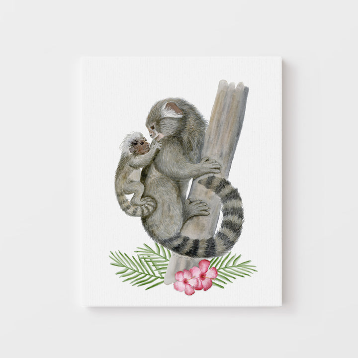 Mom and Baby Marmoset Monkey Watercolor Print - Tiny Toes Design