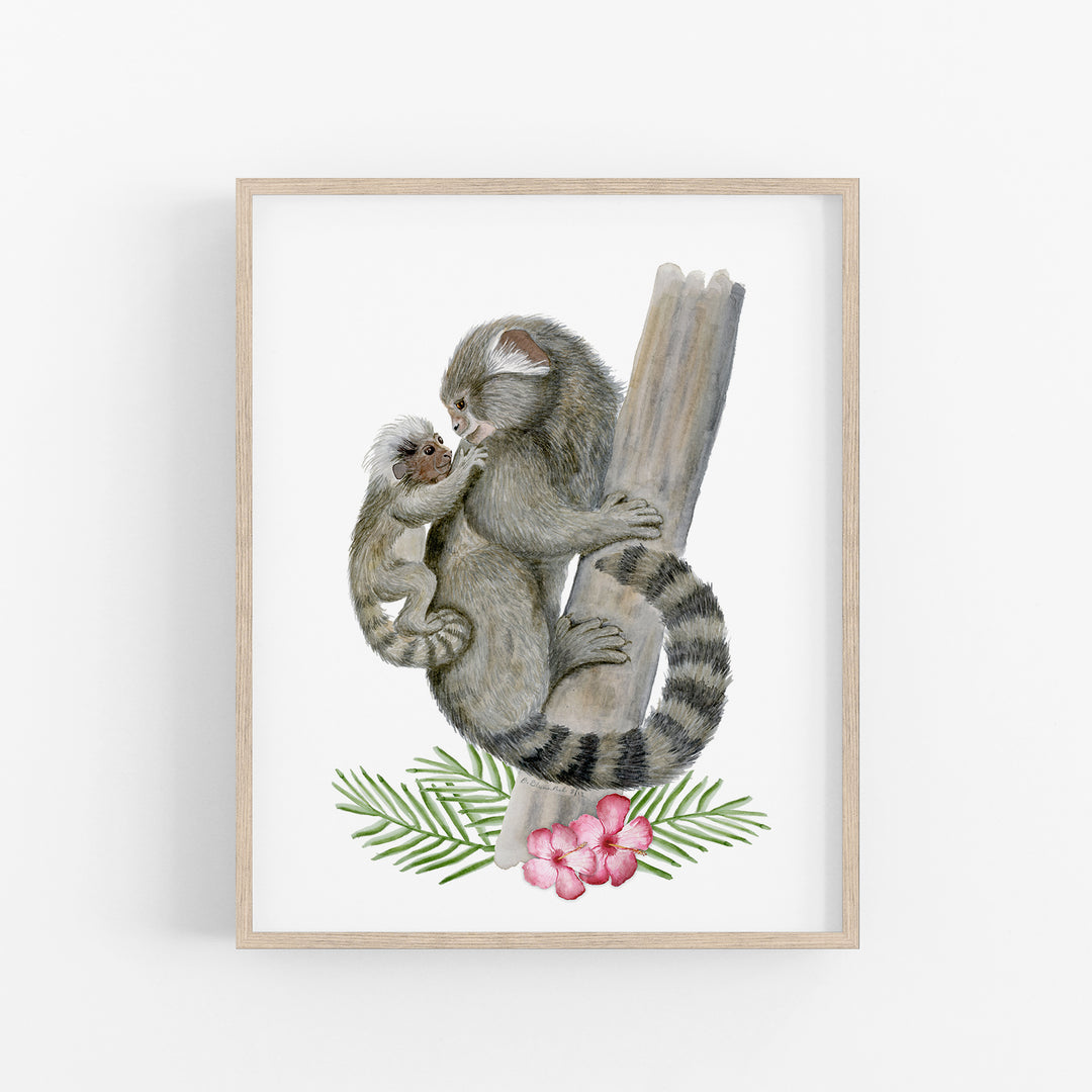 Mom and Baby Marmoset Monkey Watercolor Print - Tiny Toes Design