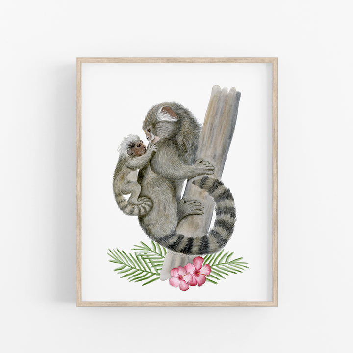 Mom and Baby Marmoset Monkey Watercolor Print - Tiny Toes Design