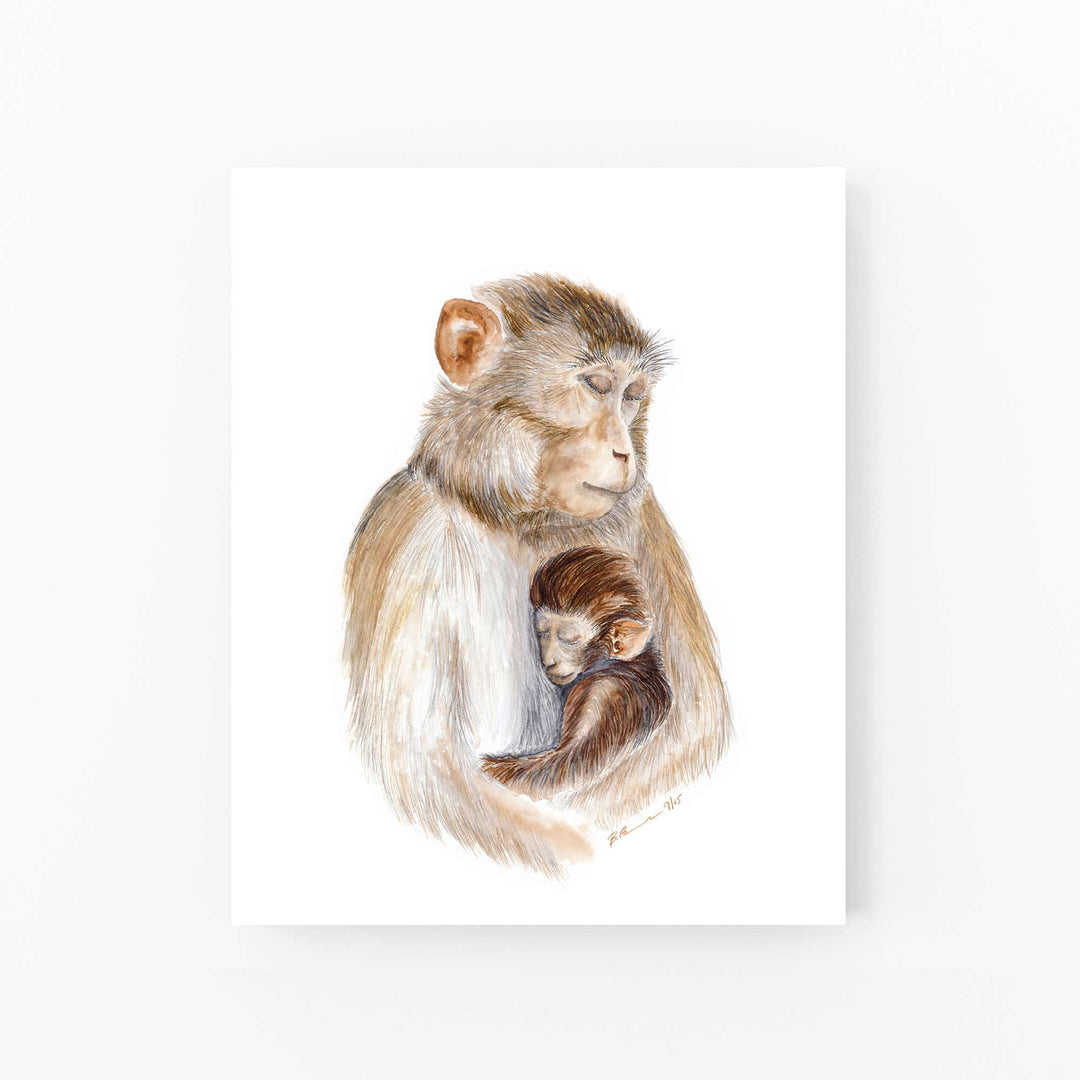 Mom and Baby Monkey Watercolor - Rhesus Macaque Art Print - Tiny Toes Design