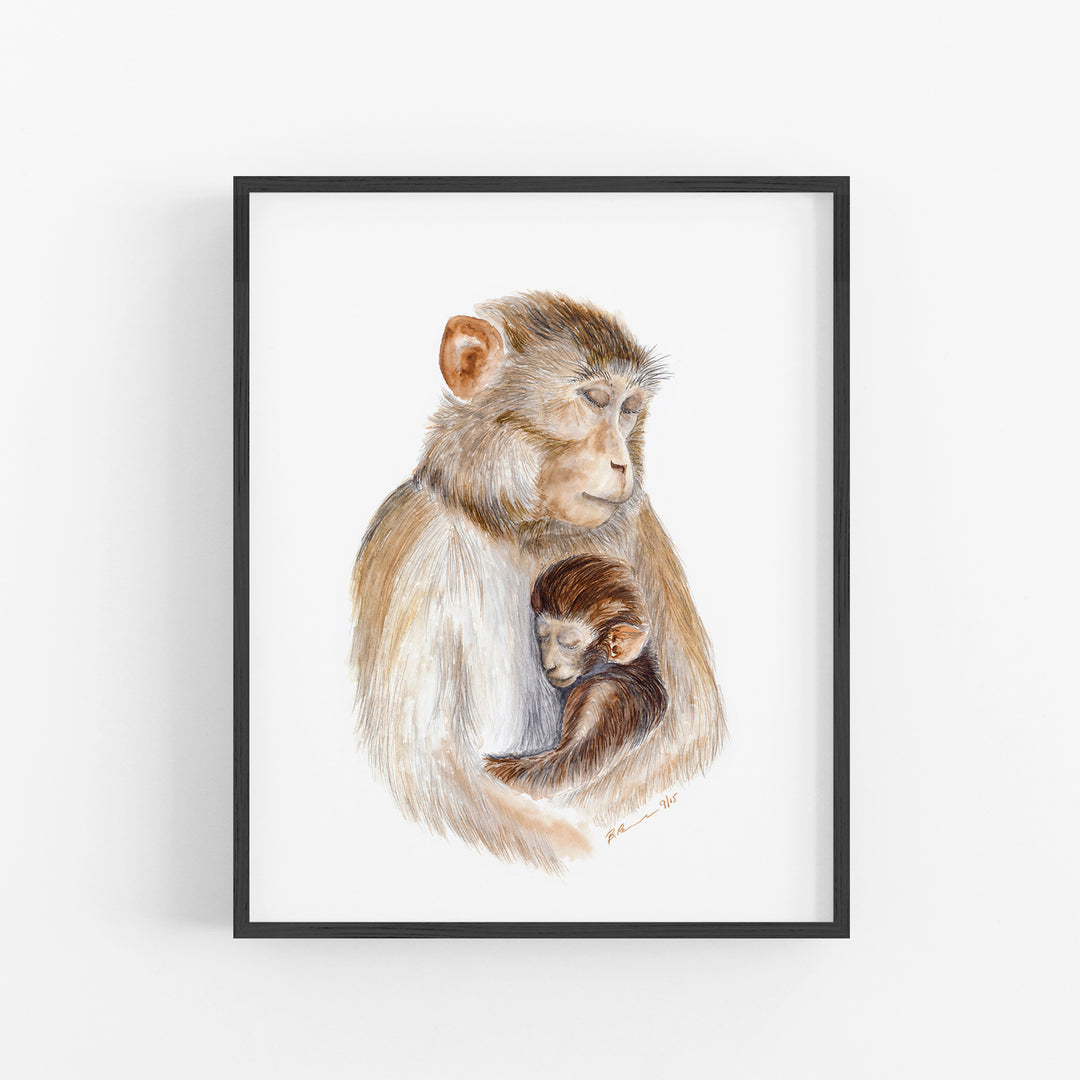 Mom and Baby Monkey Watercolor - Rhesus Macaque Art Print - Tiny Toes Design