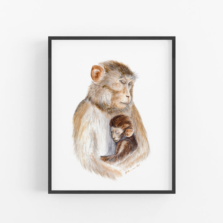 Mom and Baby Monkey Watercolor - Rhesus Macaque Art Print - Tiny Toes Design