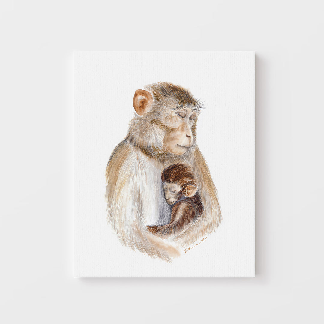 Mom and Baby Monkey Watercolor - Rhesus Macaque Art Print - Tiny Toes Design