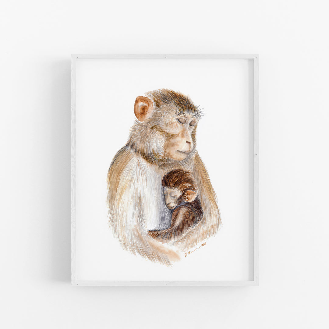 Mom and Baby Monkey Watercolor - Rhesus Macaque Art Print - Tiny Toes Design