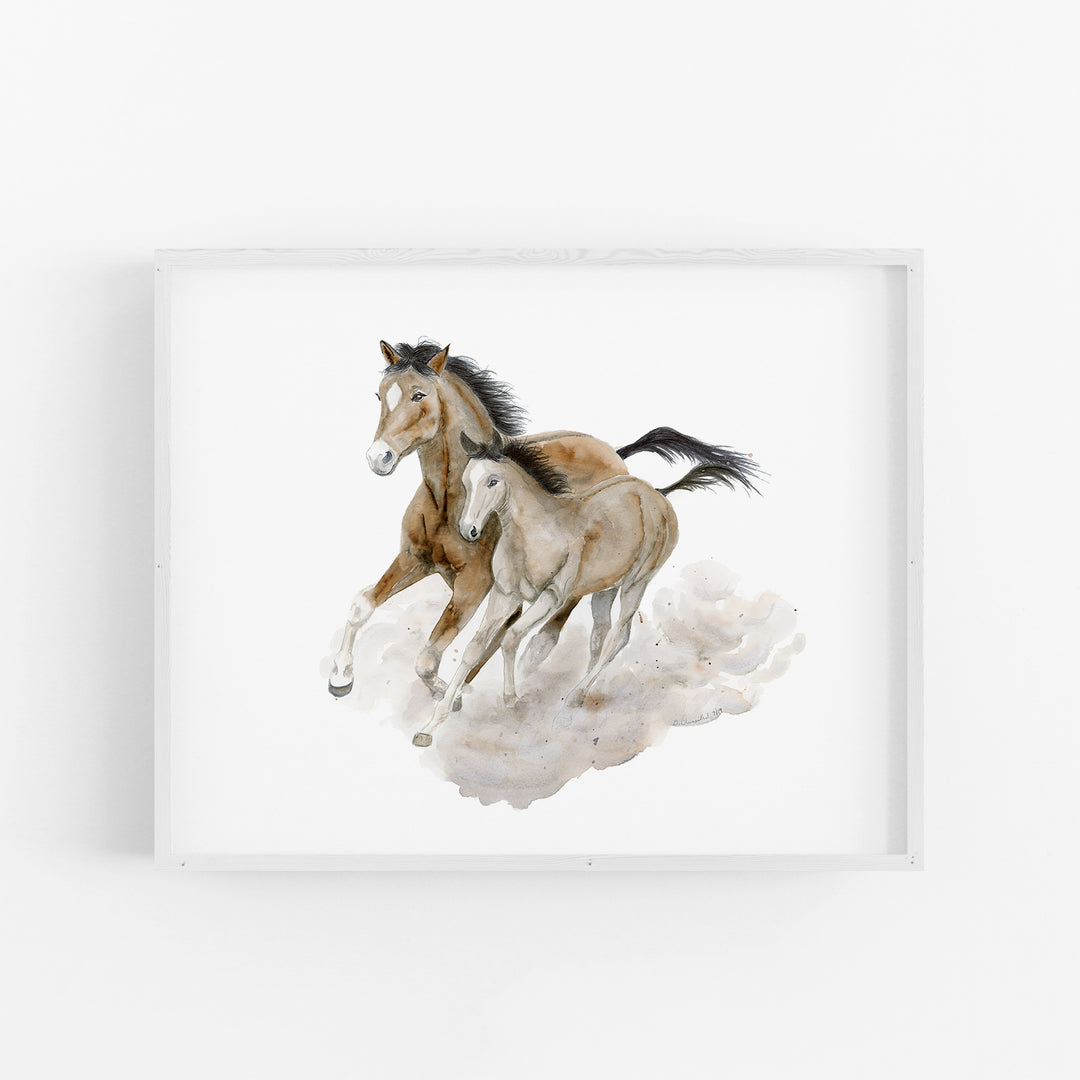 Mom and Baby Wild Horses Watercolor - Horse Print - Tiny Toes Design