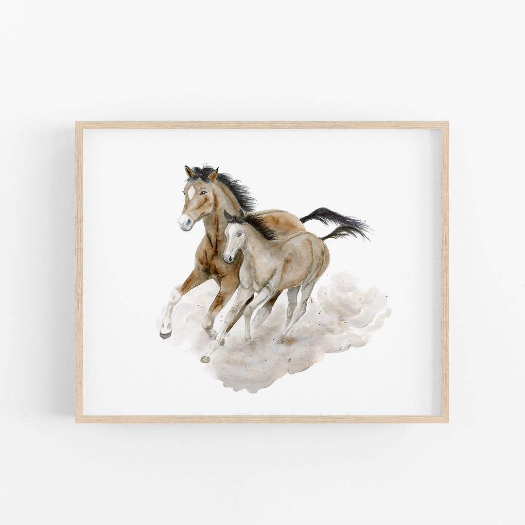 Mom and Baby Wild Horses Watercolor - Horse Print - Tiny Toes Design