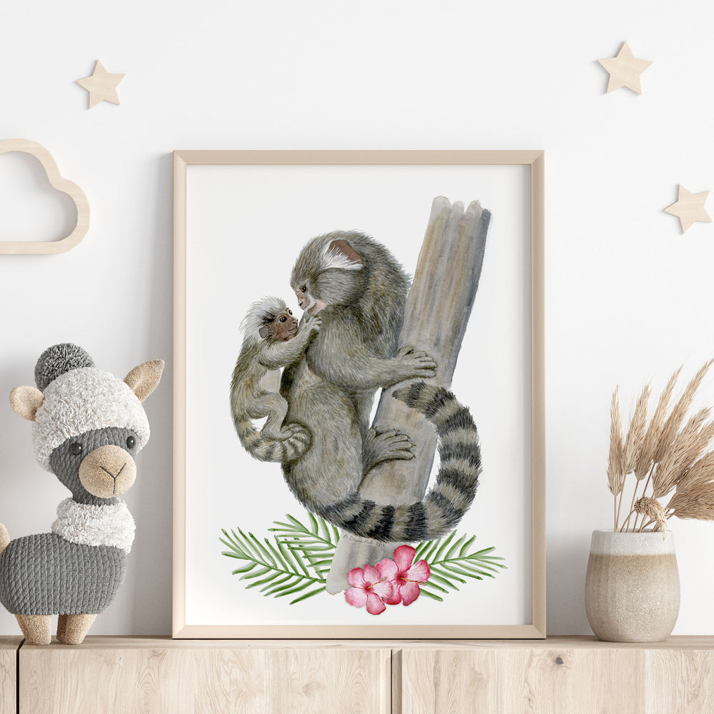 Mom and Baby Marmoset Monkey Watercolor Print - Tiny Toes Design