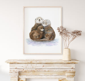 a painting of two otters sitting on top of each other