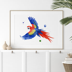 a painting of a parrot flying in the air