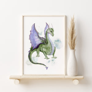 a watercolor painting of a green and purple dragon