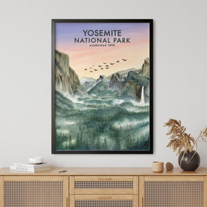 a picture of yosemite national park hanging on a wall