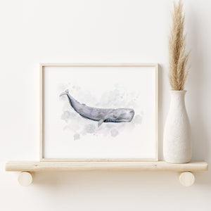a painting of a sperm whale on a shelf next to a vase