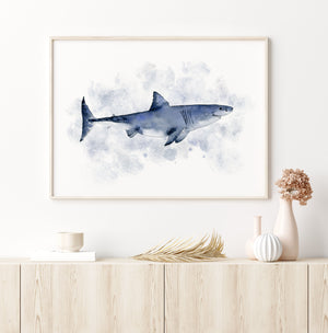 a painting of a shark on a wall above a dresser