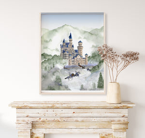 a painting of a castle on a wall above a fireplace