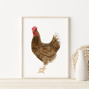 a picture of a chicken on a shelf next to a vase