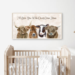 a baby crib with a picture of three cows on it