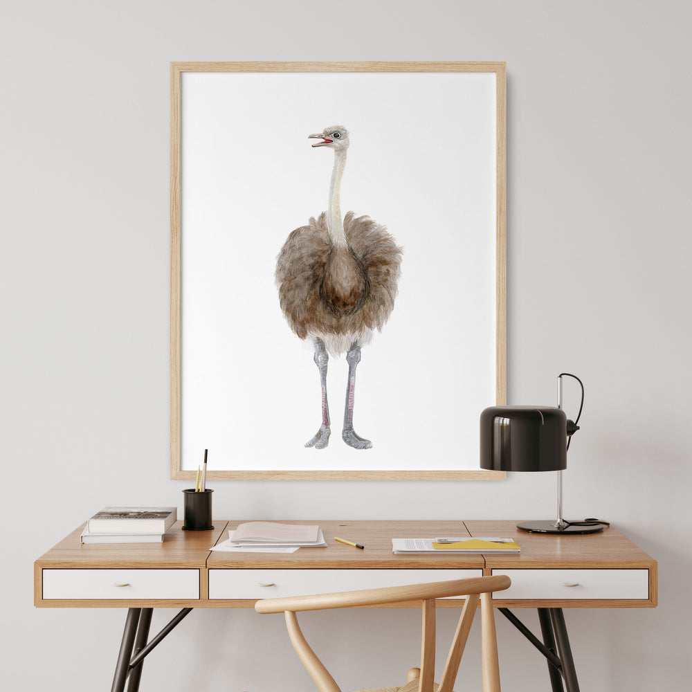 a watercolor of an ostrich in a frame on a desk
