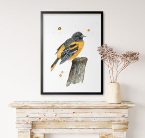a picture of a yellow and black bird sitting on a piece of wood