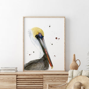 a painting of a pelican on a white wall