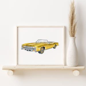 a picture of a yellow car on a shelf