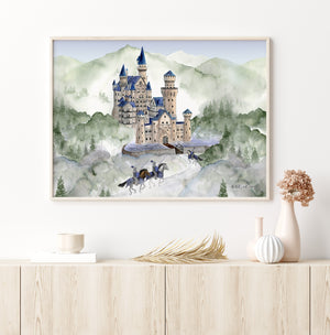 a painting of a castle on a wall above a dresser