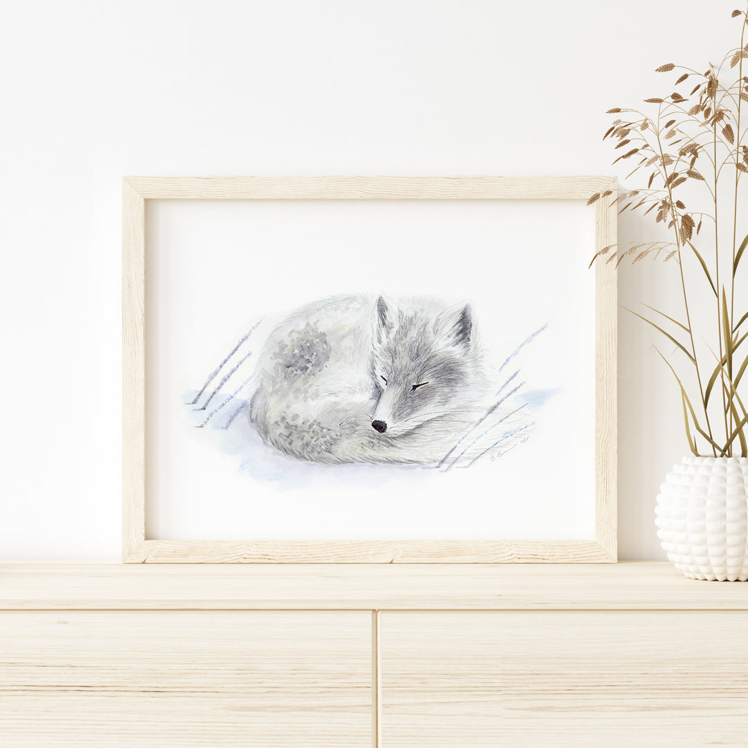a painting of a sleeping fox in a frame