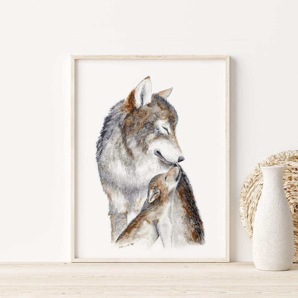 a picture of a mother wolf and her baby