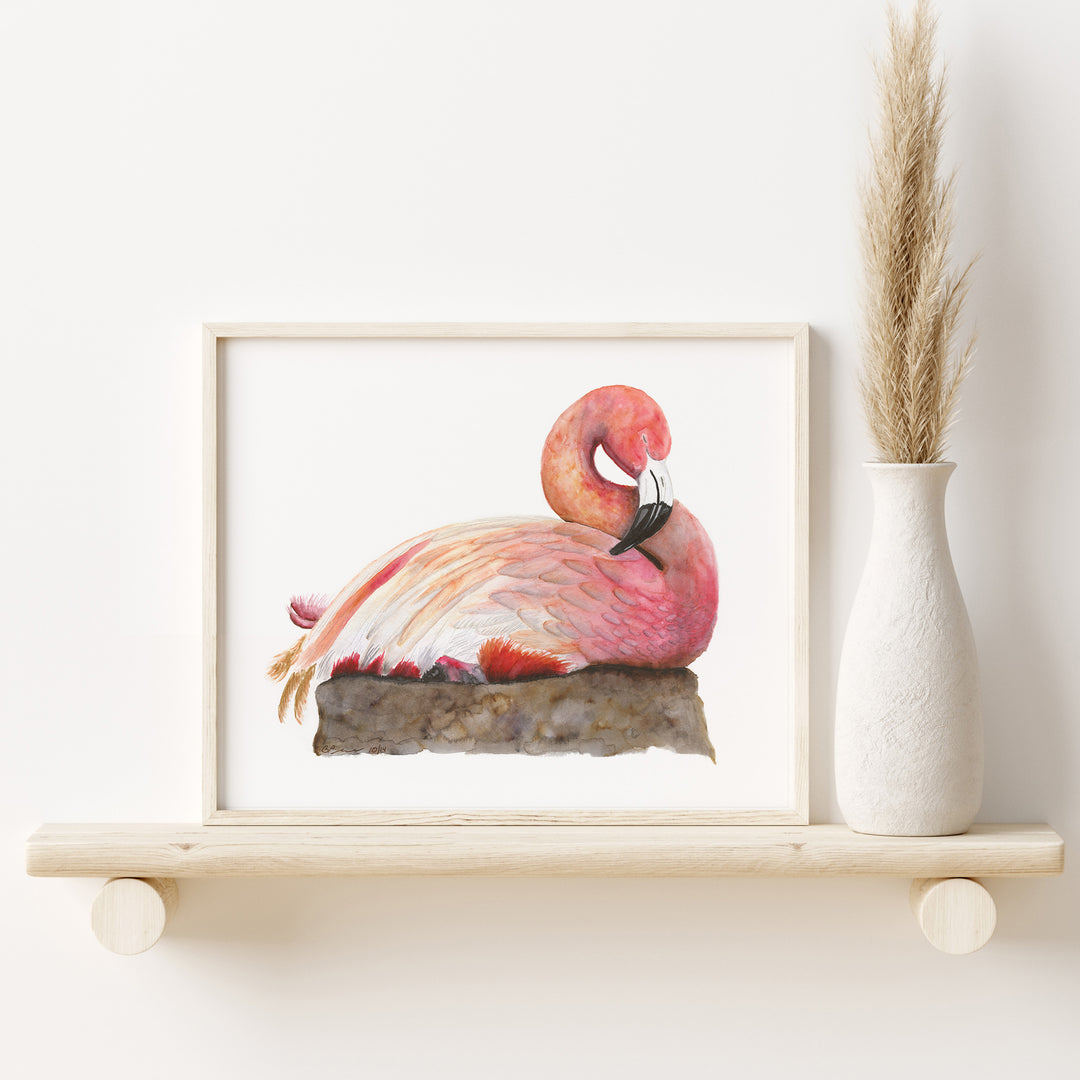 a painting of a pink flamingo sitting on a rock