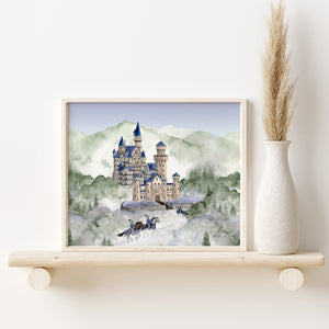 a painting of a castle on a shelf next to a vase