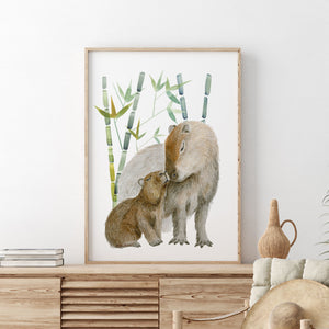 a painting of a capybara and her baby