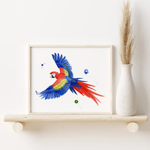 a painting of a colorful bird on a shelf