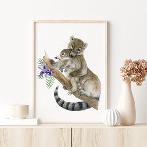 a painting of a mom and baby coati on a branch