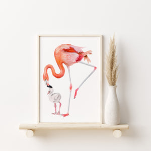 a picture of a pink flamingo and a baby flamingo