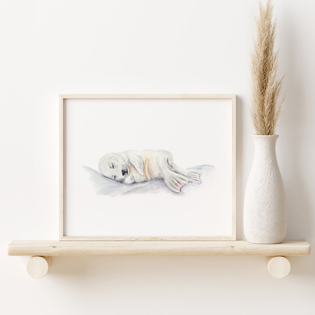 a picture of a dog laying on a shelf next to a vase