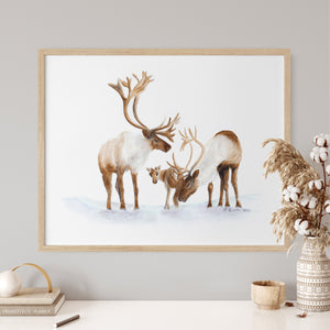 a painting of two deer and a baby deer in the snow