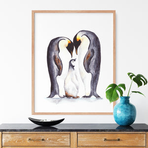 a painting of two penguins with a baby penguin