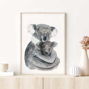 a painting of a koala holding a baby koala